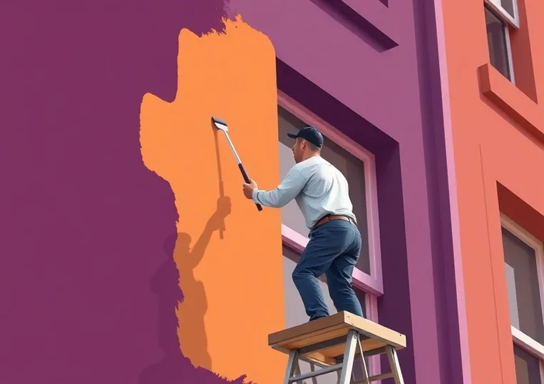 Peintre sur échafaudage traitant la façade d'une maison