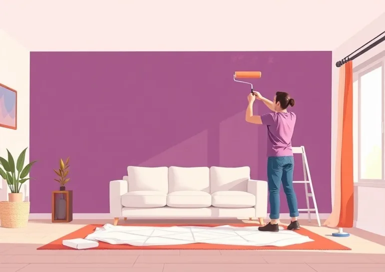 Peintre appliquant la peinture au rouleau sur un mur de salon